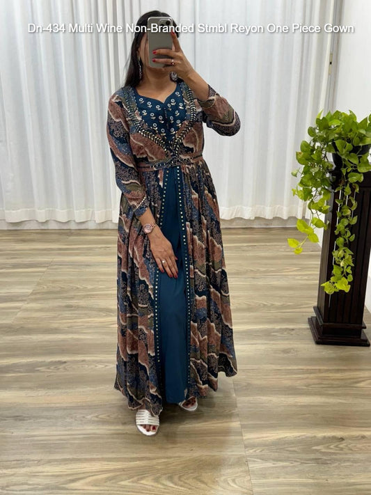 Dn-434 Multi Wine Non-Branded Stmbl Reyon One Piece Gown