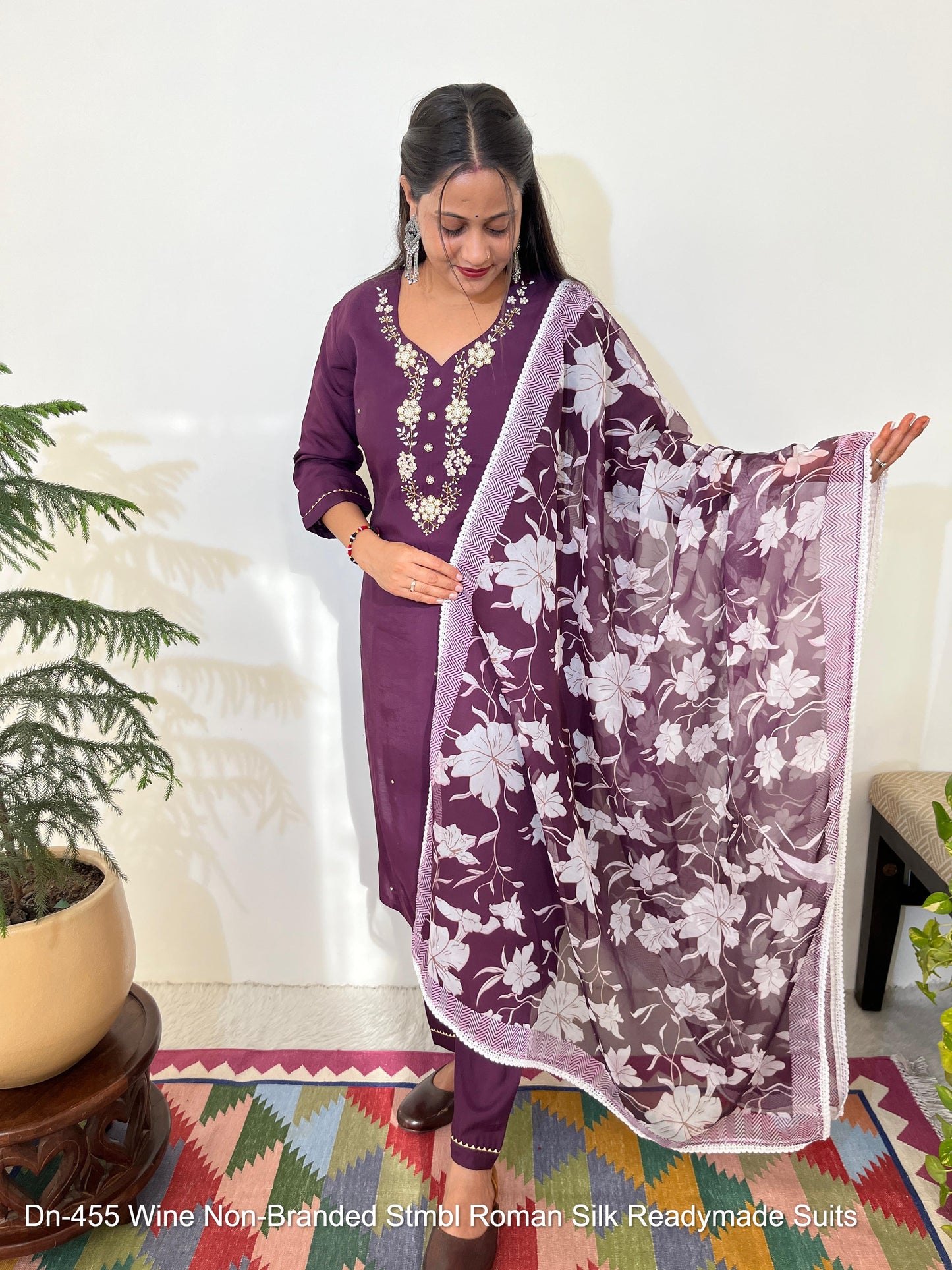 Dn-455 Wine Non-Branded Stmbl Roman Silk Readymade Suits