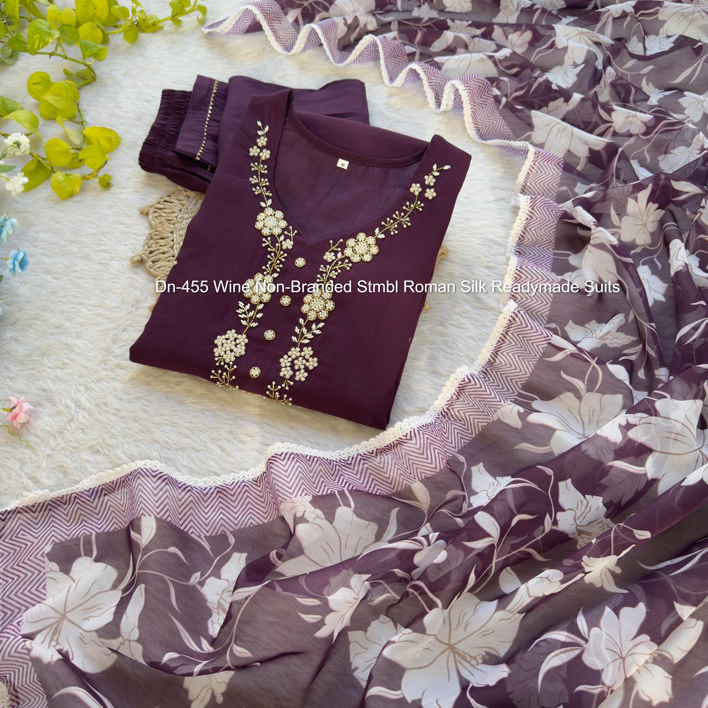 Dn-455 Wine Non-Branded Stmbl Roman Silk Readymade Suits