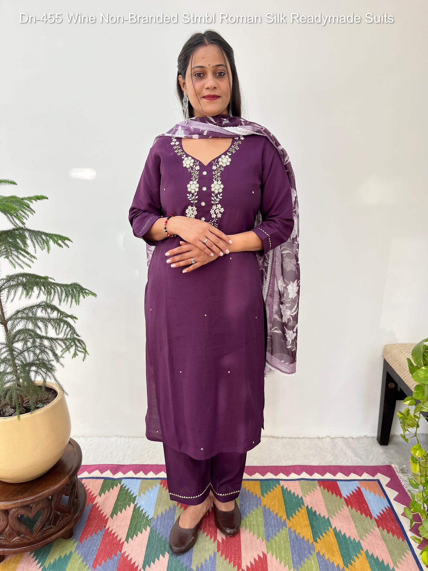 Dn-455 Wine Non-Branded Stmbl Roman Silk Readymade Suits
