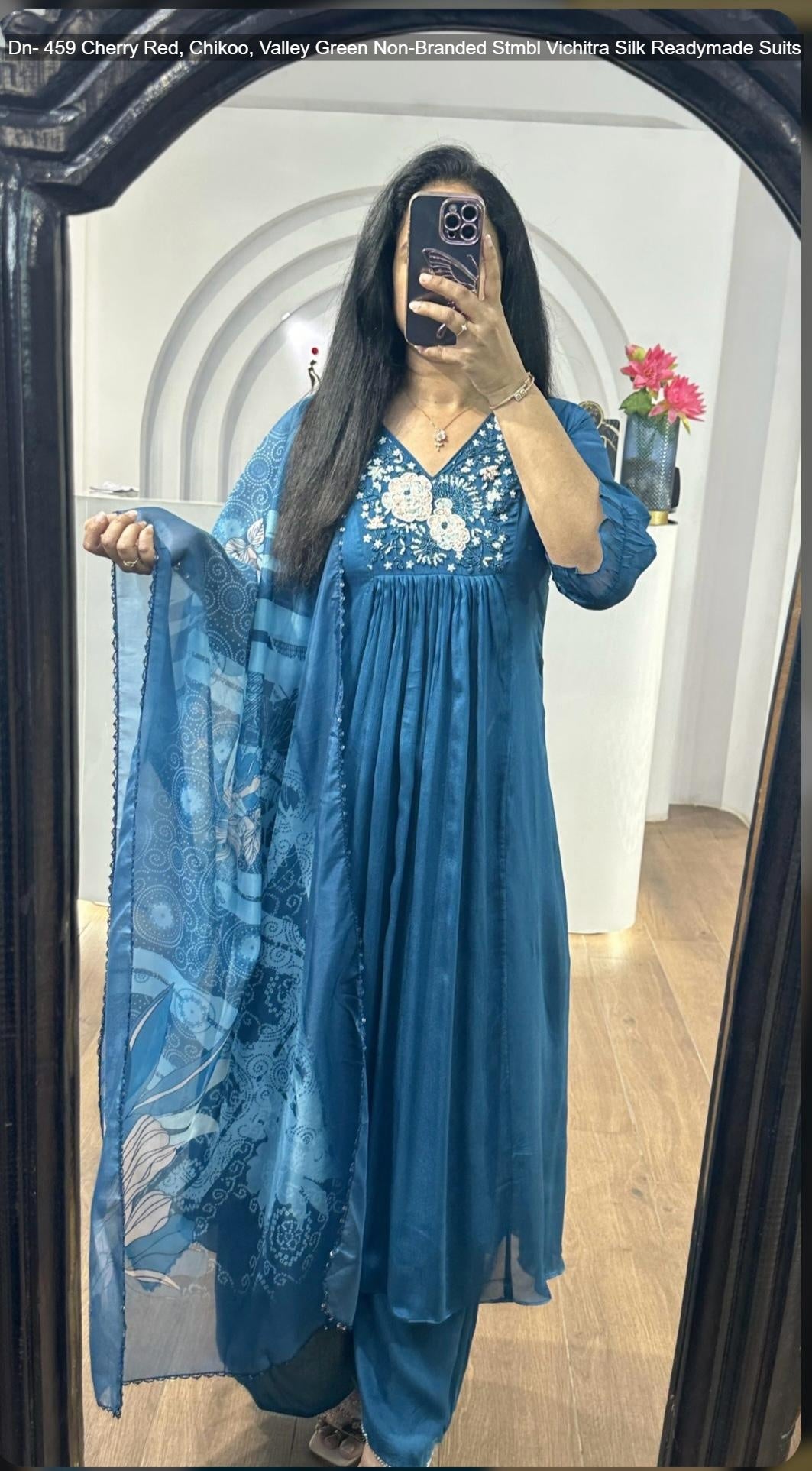 Dn- 459 Cherry Red, Chikoo, Valley Green Non-Branded Stmbl Vichitra Silk Readymade Suits