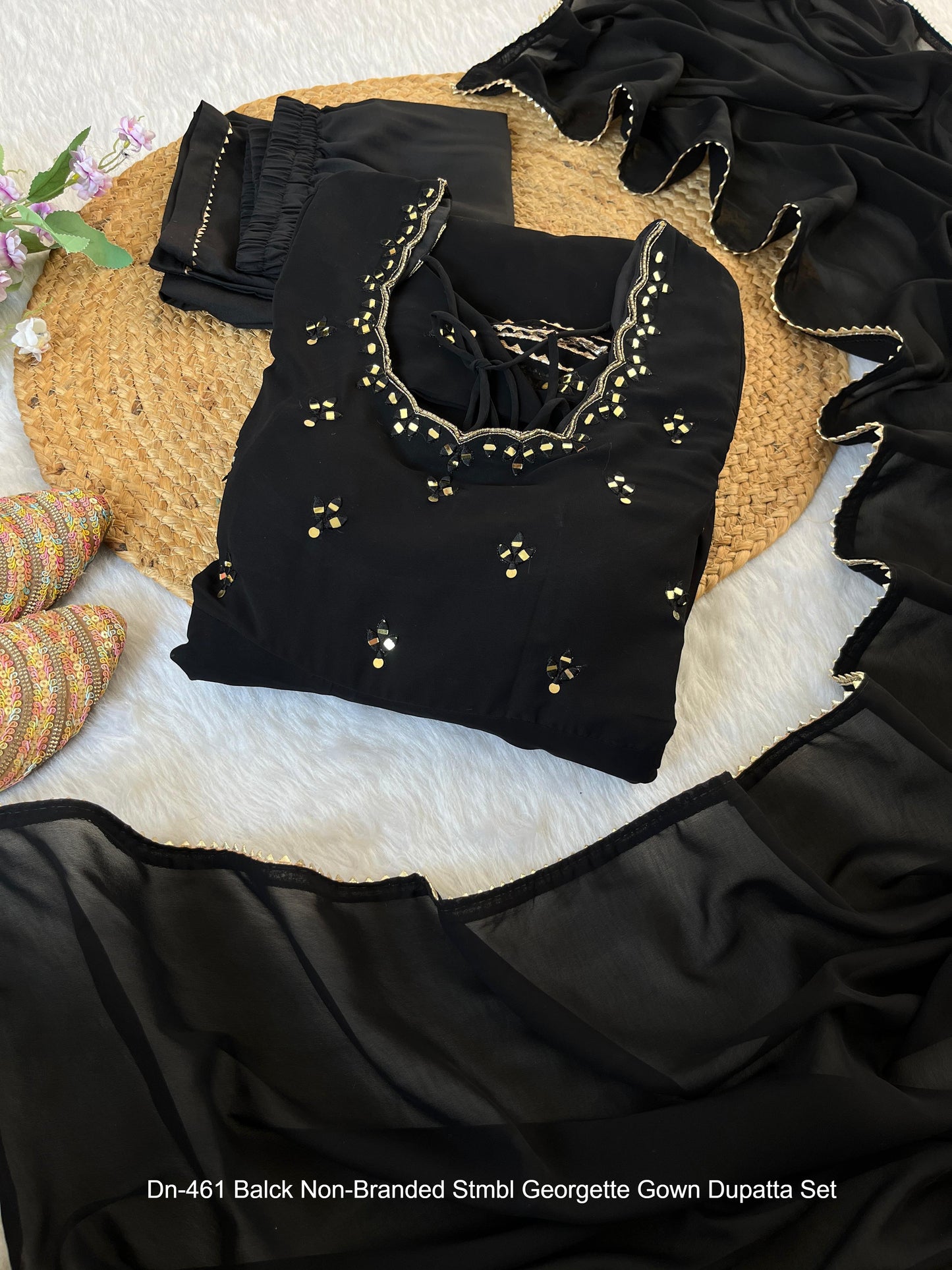 Dn-461 Balck Non-Branded Stmbl Georgette Gown Dupatta Set