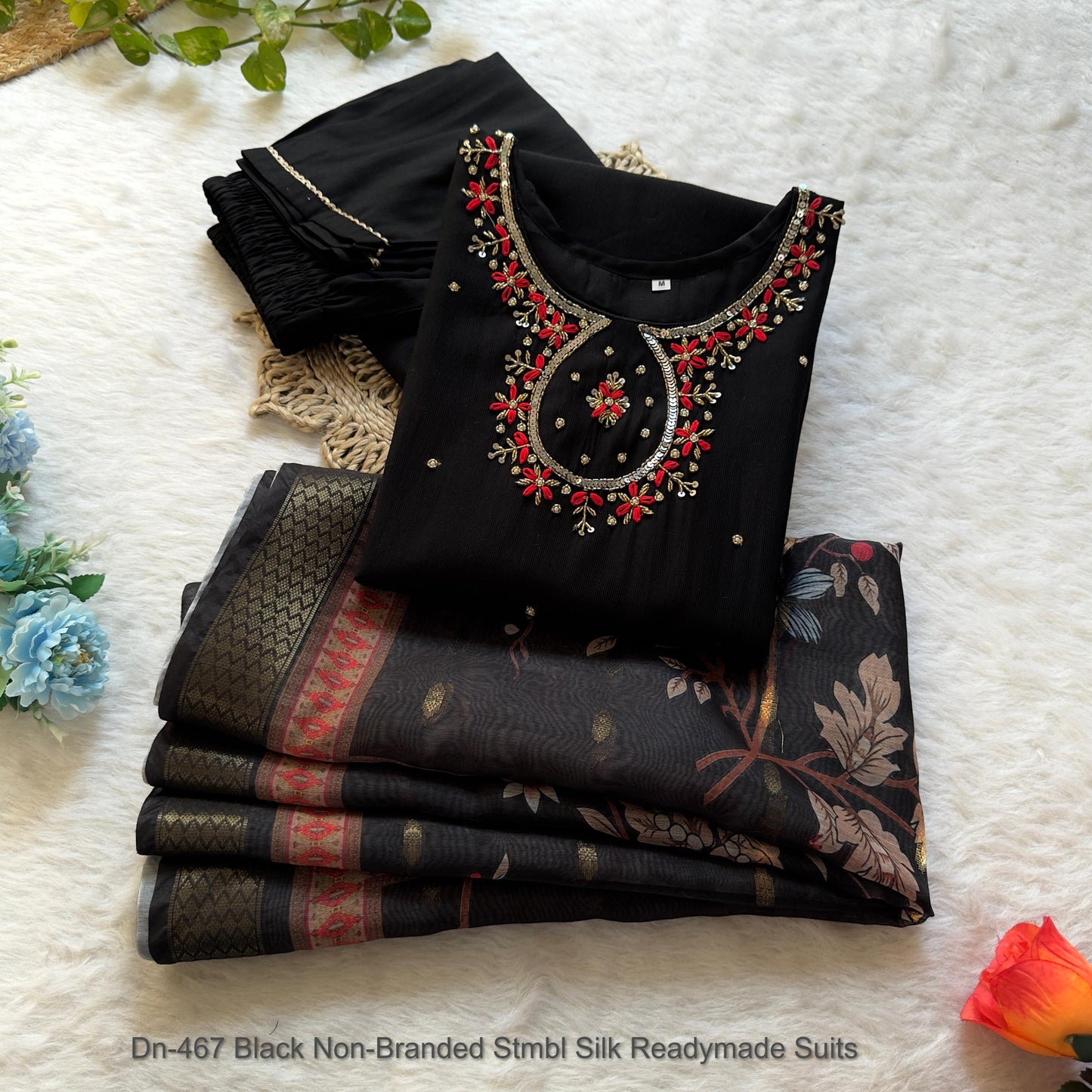 Dn-467 Black Non-Branded Stmbl Silk Readymade Suits