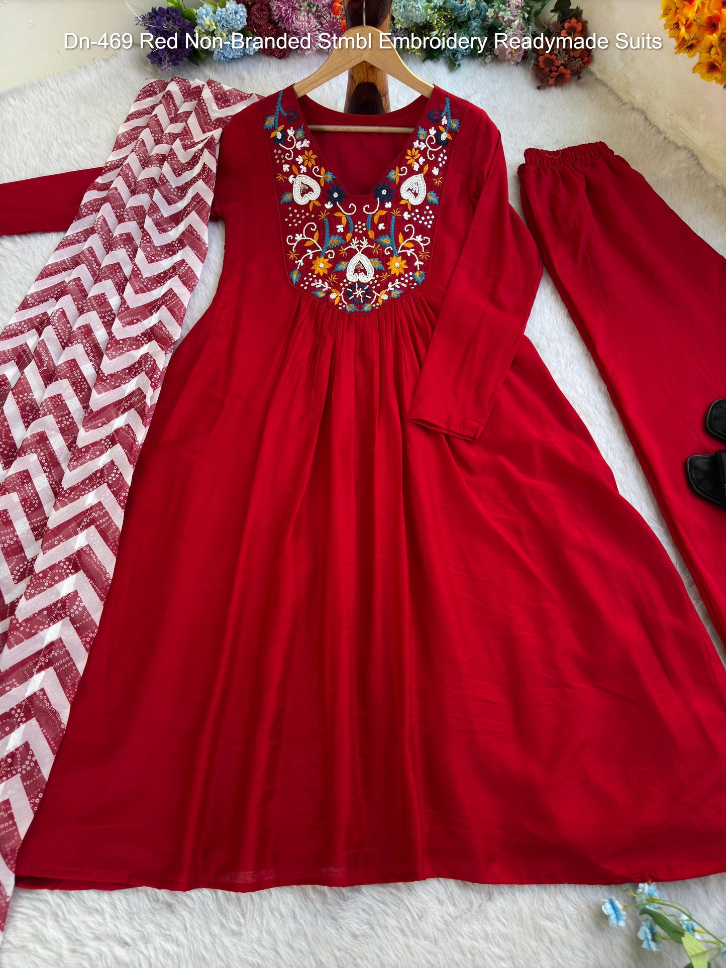 Dn-469 Red Non-Branded Stmbl Embroidery Readymade Suits