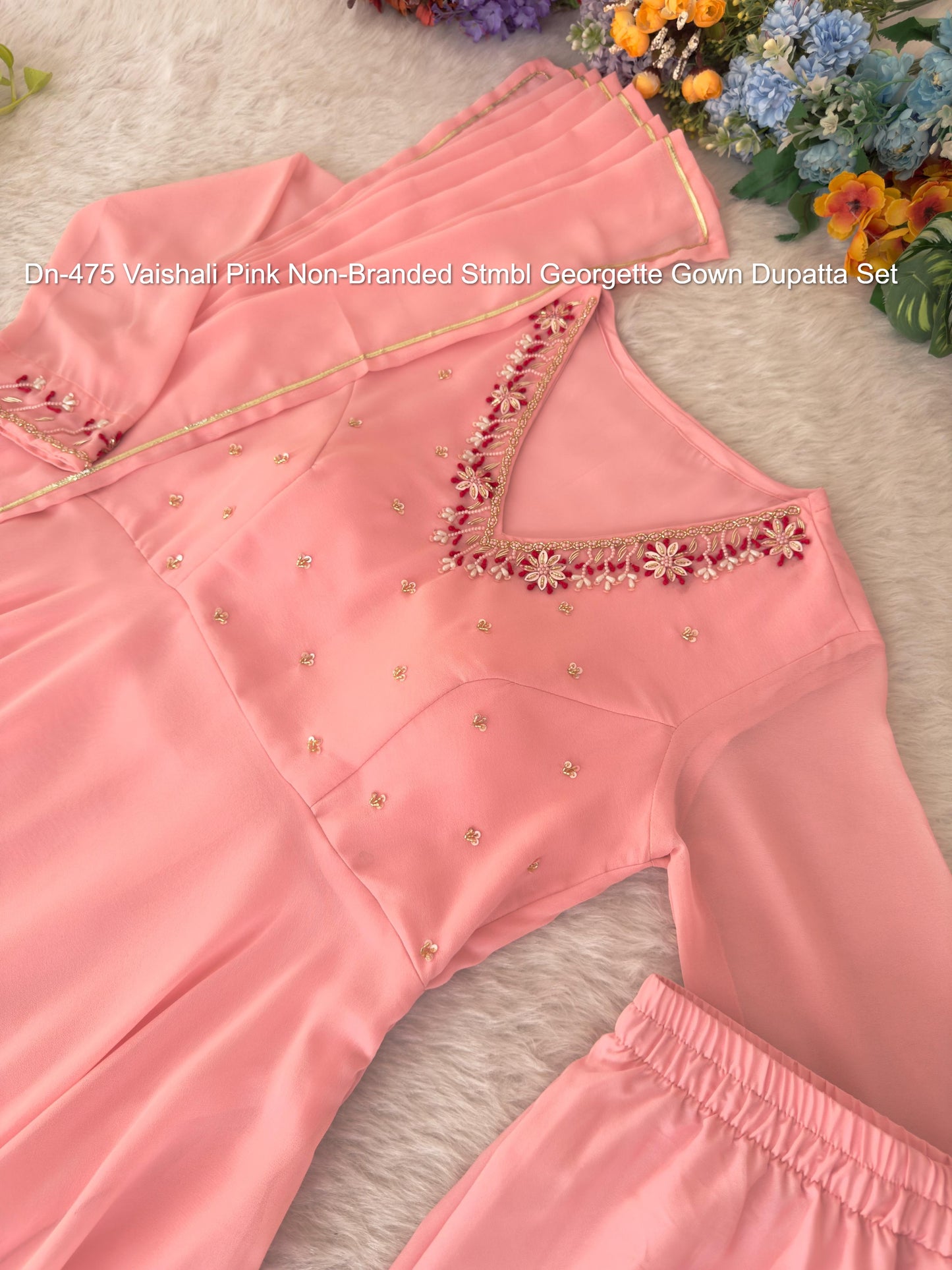 Dn-475 Vaishali Pink Non-Branded Stmbl Georgette Gown Dupatta Set
