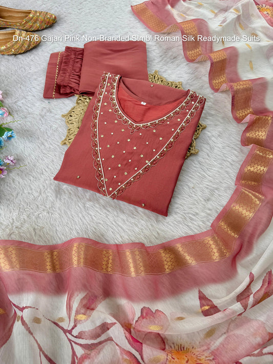 Dn-476 Gajari Pink Non-Branded Stmbl Roman Silk Readymade Suits