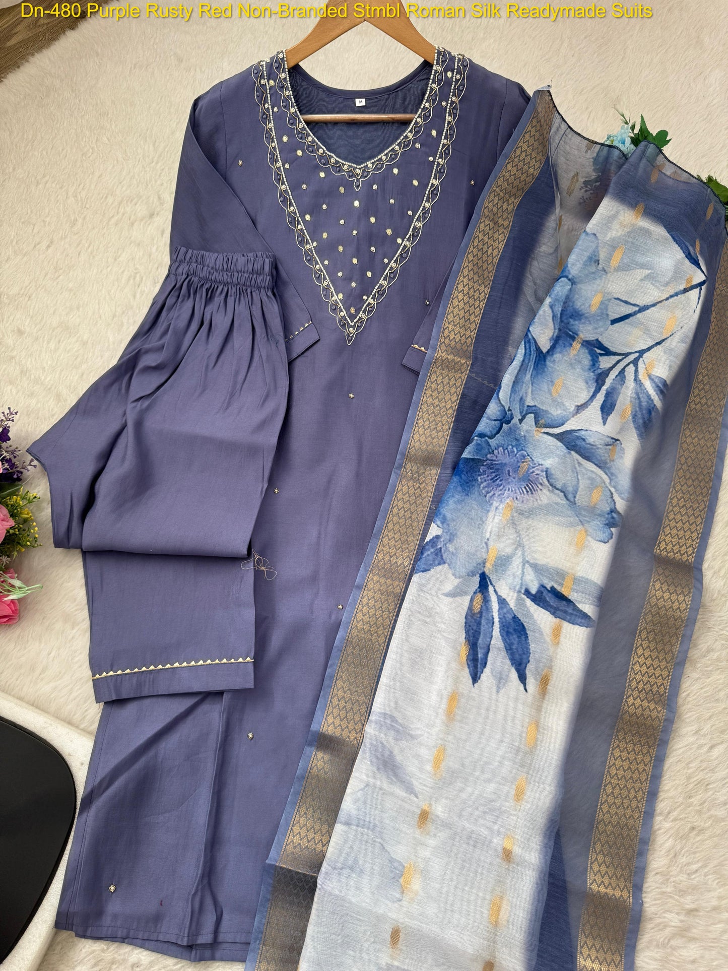 Dn-480 Purple Rusty Red Non-Branded Stmbl Roman Silk Readymade Suits