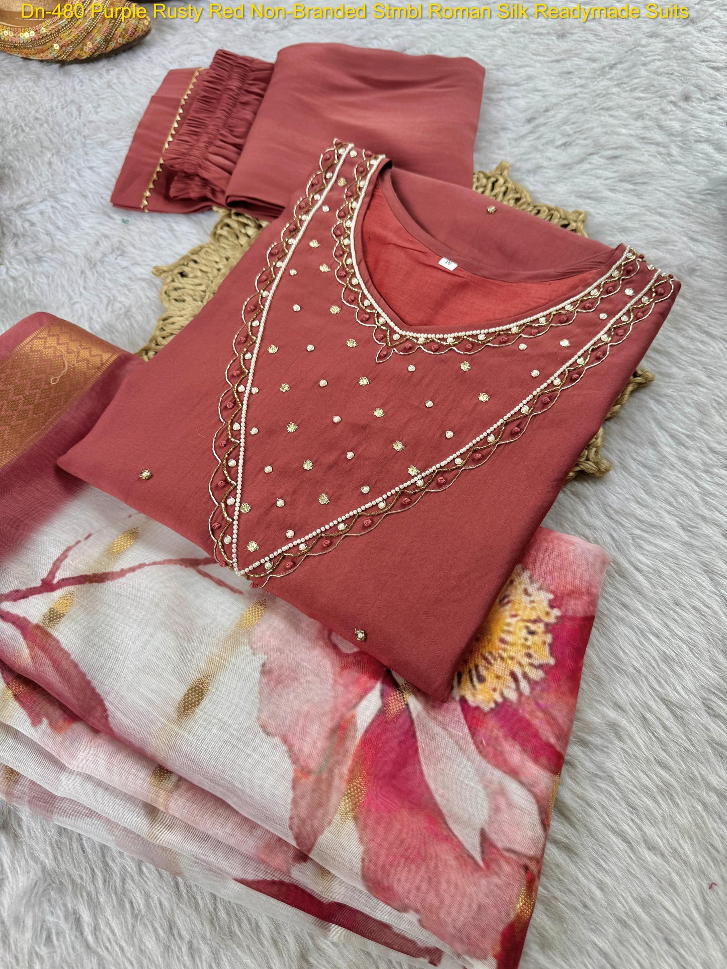 Dn-480 Purple Rusty Red Non-Branded Stmbl Roman Silk Readymade Suits