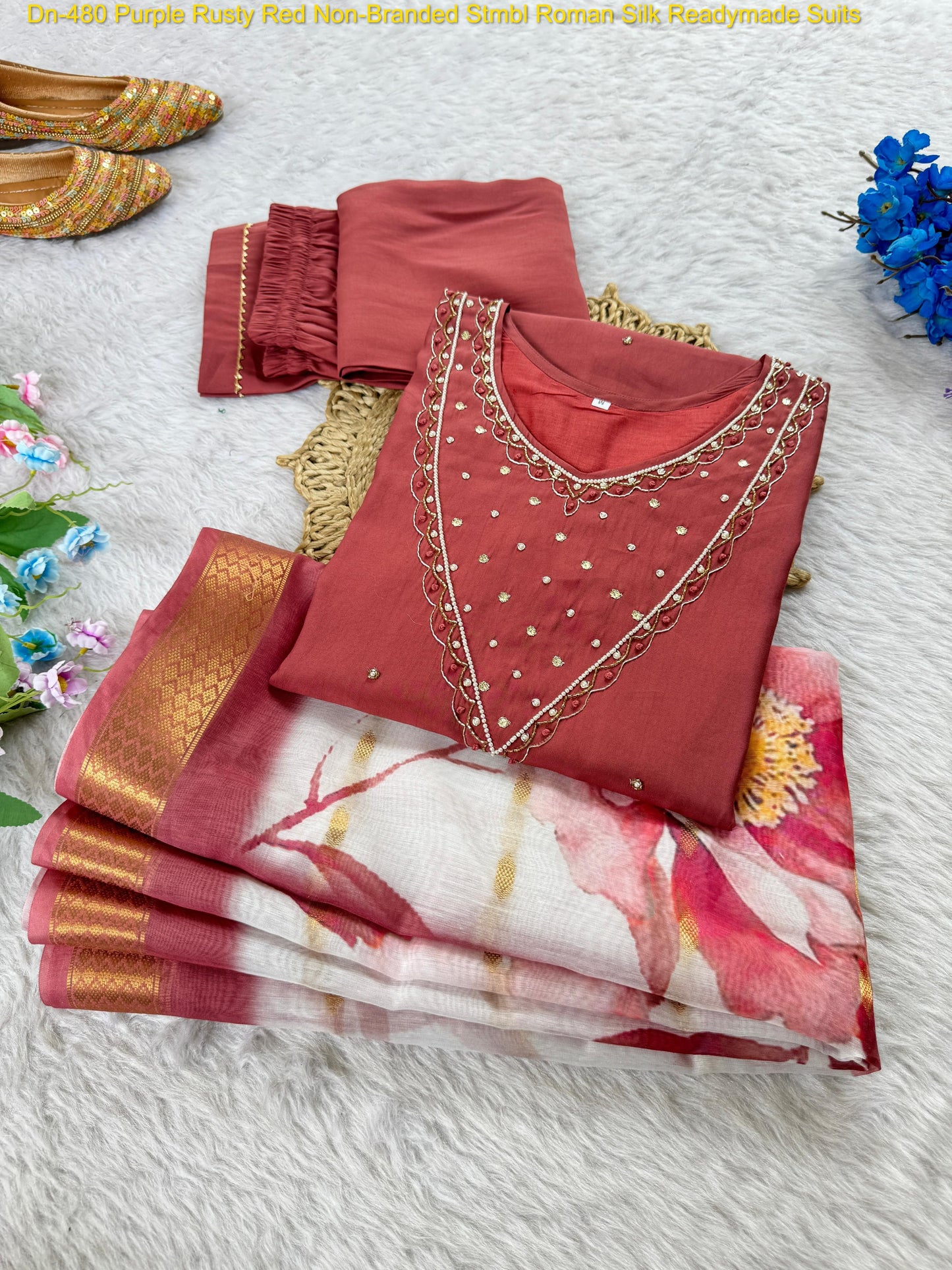 Dn-480 Purple Rusty Red Non-Branded Stmbl Roman Silk Readymade Suits