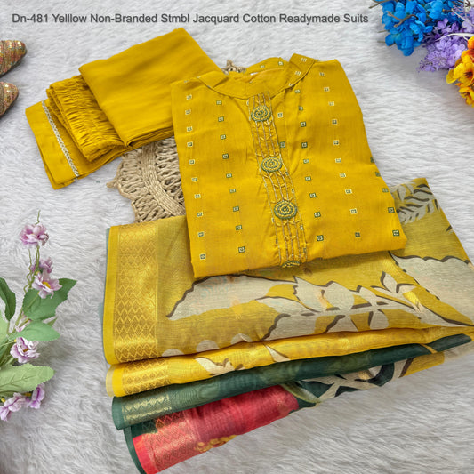 Dn-481 Yelllow Non-Branded Stmbl Jacquard Cotton Readymade Suits