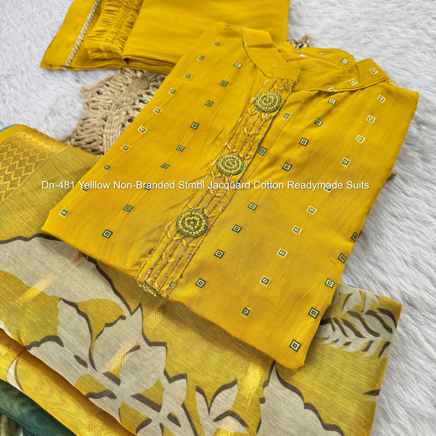 Dn-481 Yelllow Non-Branded Stmbl Jacquard Cotton Readymade Suits