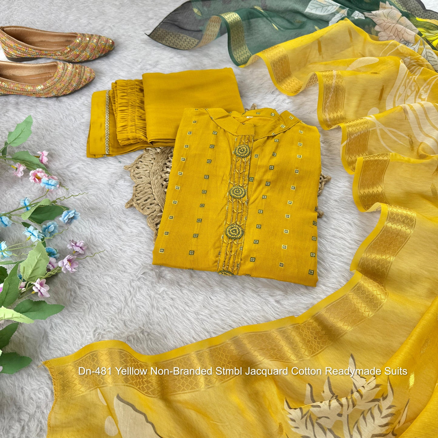 Dn-481 Yelllow Non-Branded Stmbl Jacquard Cotton Readymade Suits