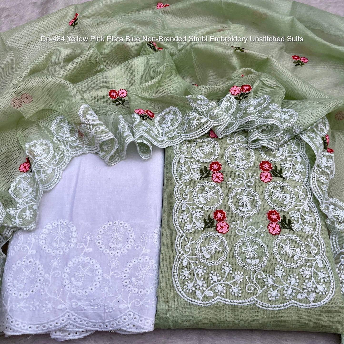 Dn-484 Yellow Pink Pista Blue Non-Branded Stmbl Embroidery Unstitched Suits