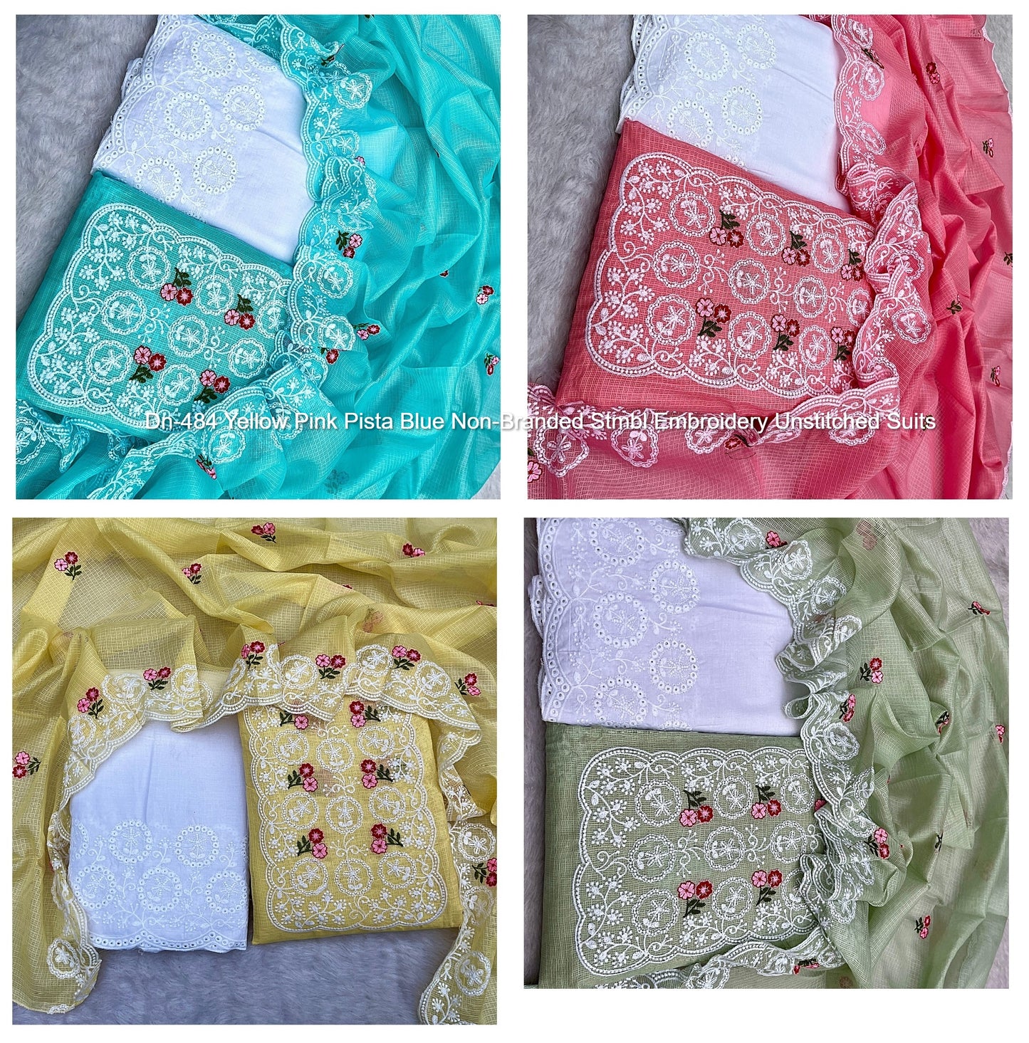 Dn-484 Yellow Pink Pista Blue Non-Branded Stmbl Embroidery Unstitched Suits