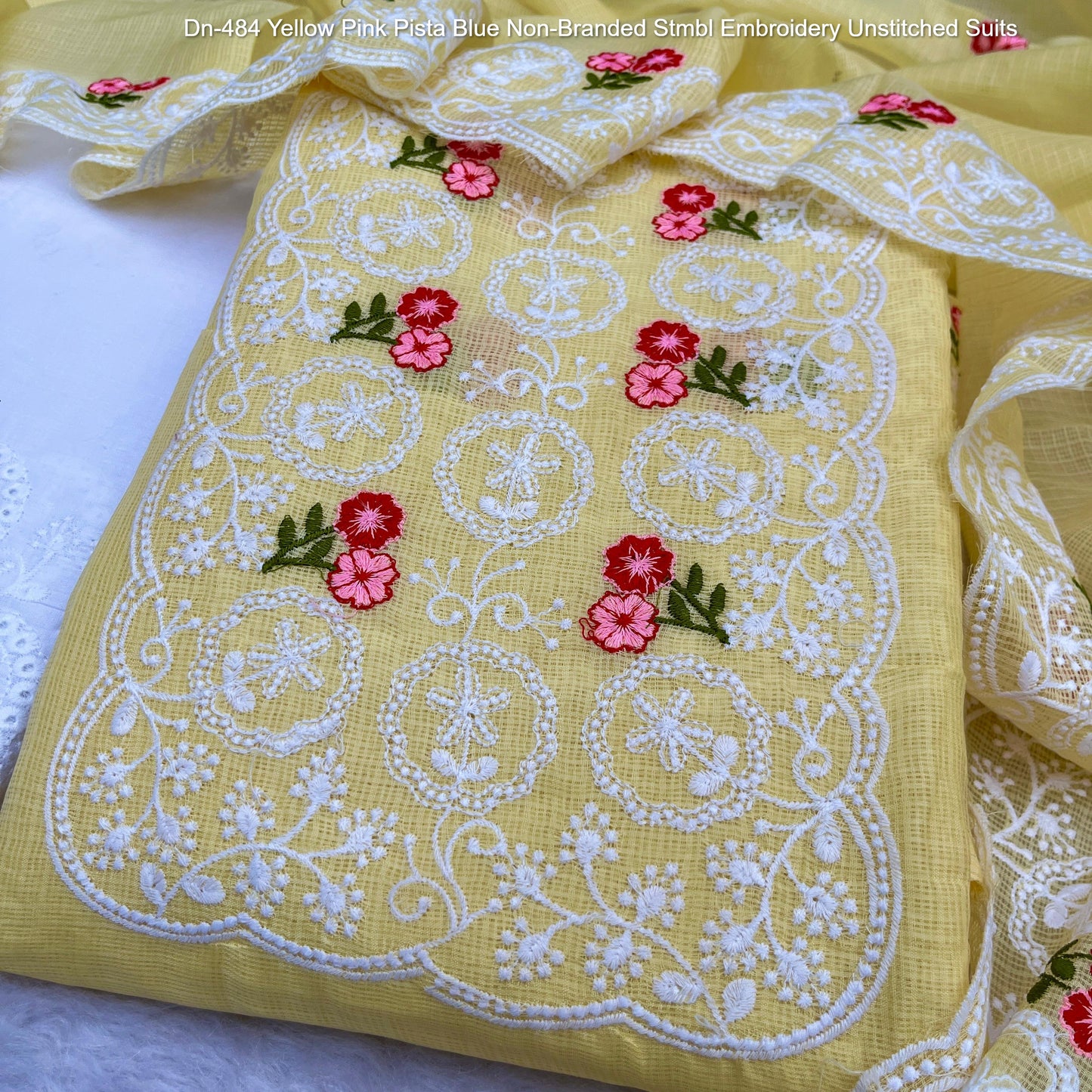 Dn-484 Yellow Pink Pista Blue Non-Branded Stmbl Embroidery Unstitched Suits