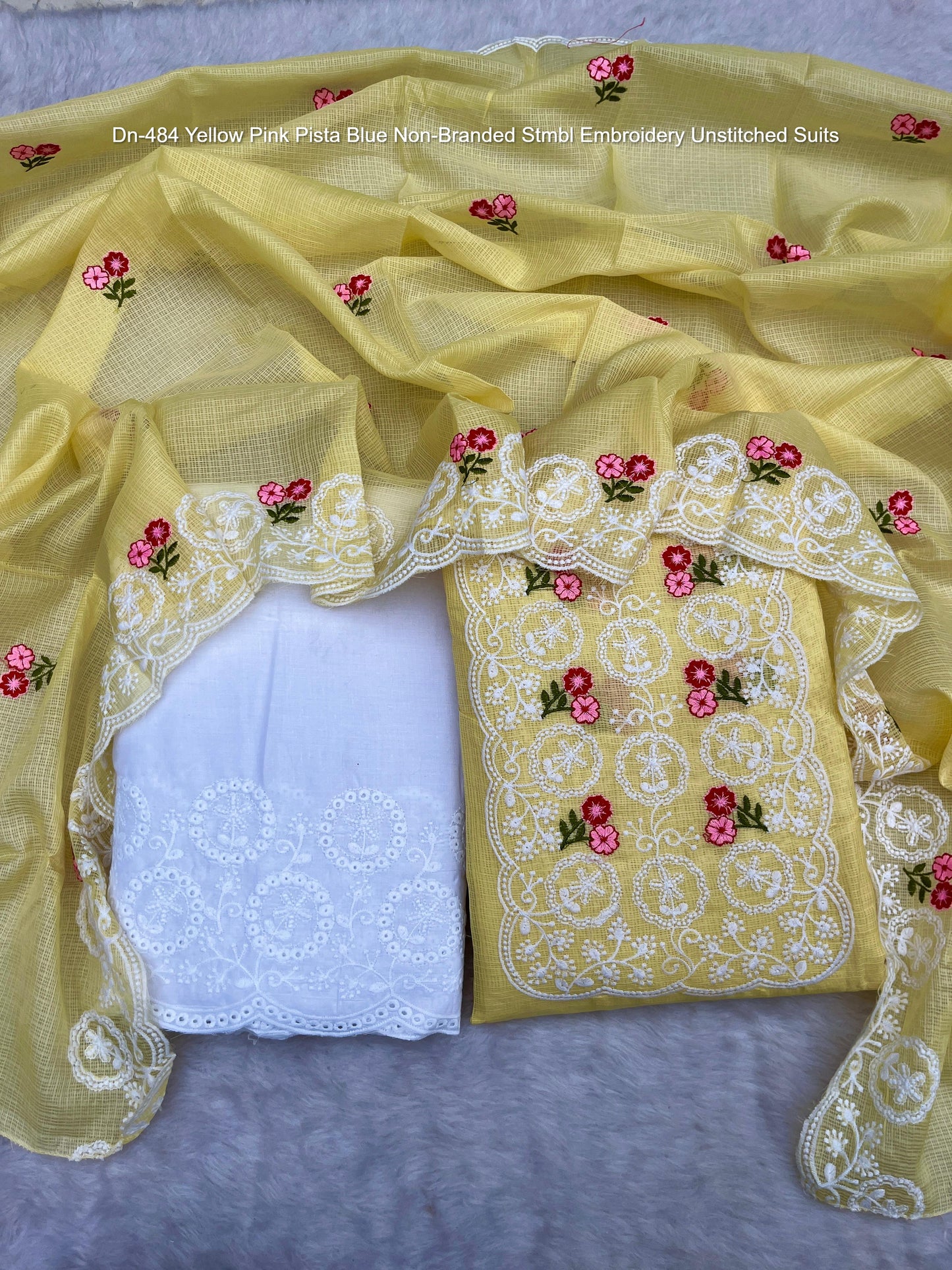 Dn-484 Yellow Pink Pista Blue Non-Branded Stmbl Embroidery Unstitched Suits