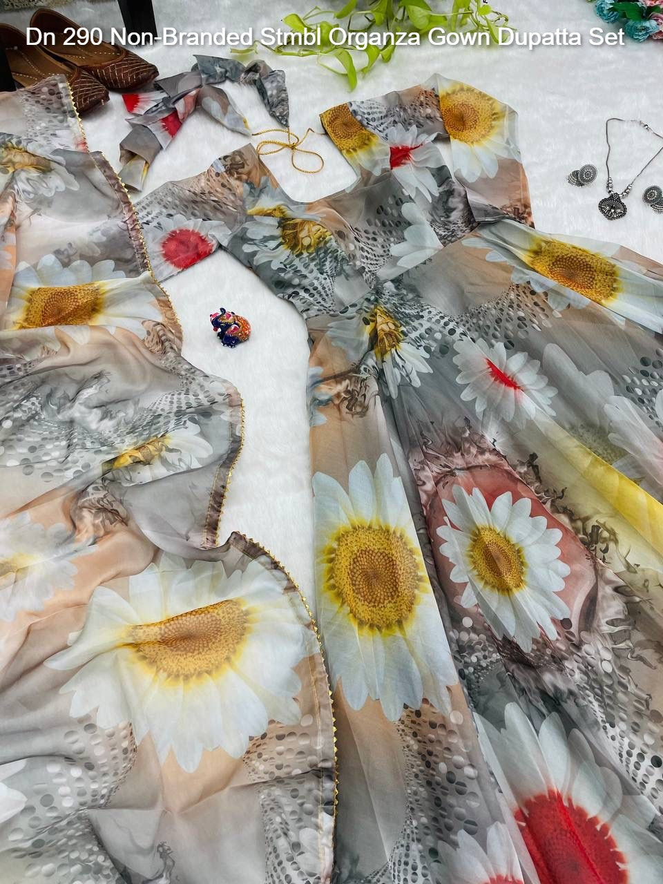 Dn 290 Non-Branded Stmbl Organza Gown Dupatta Set