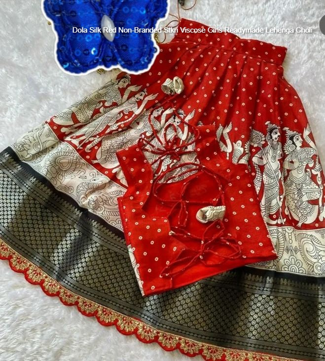 Dola Silk Red Non-Branded Stkri Viscose Girls Readymade Lehenga Choli