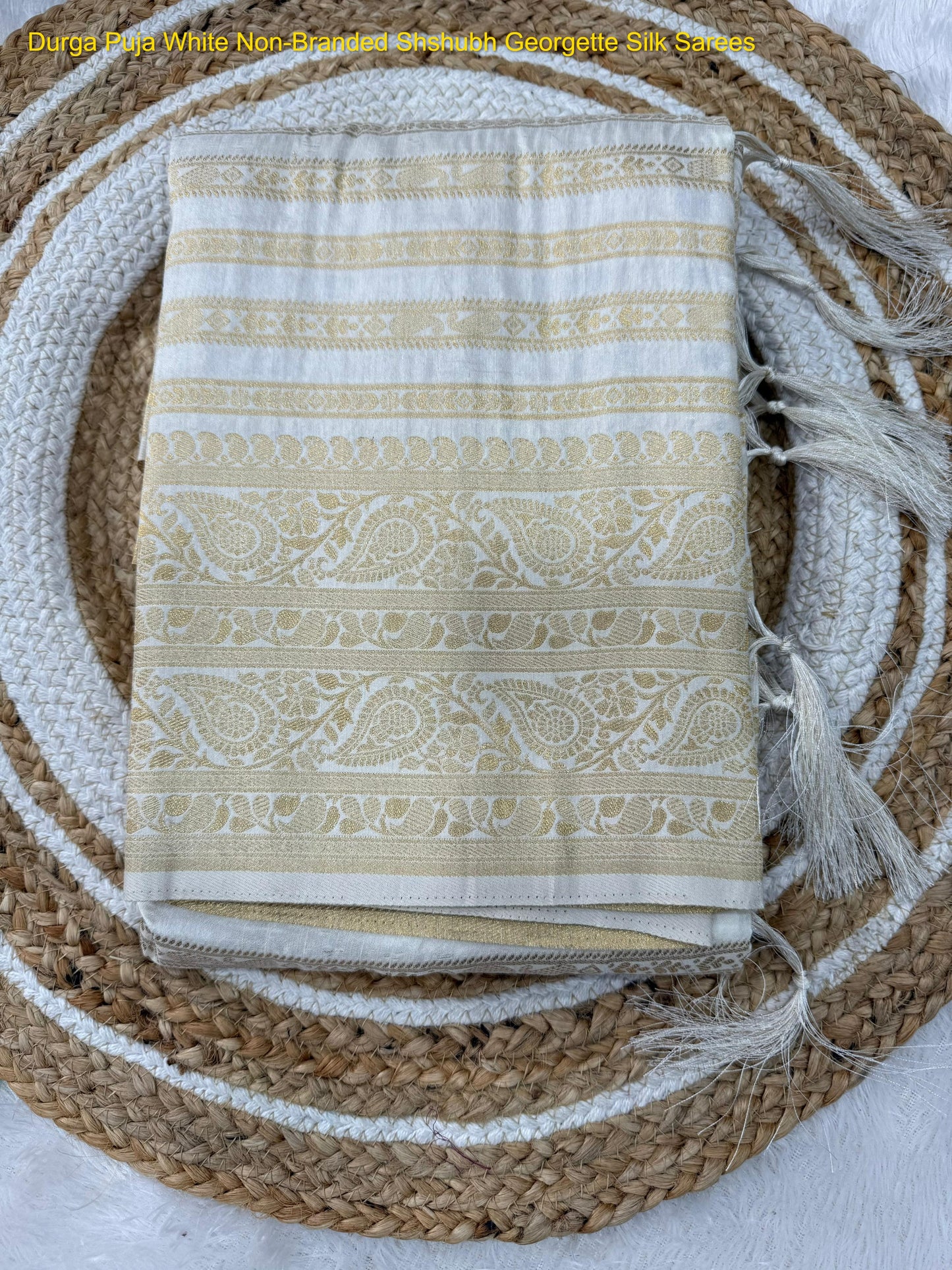Durga Puja White Non-Branded Shshubh Georgette Silk Sarees