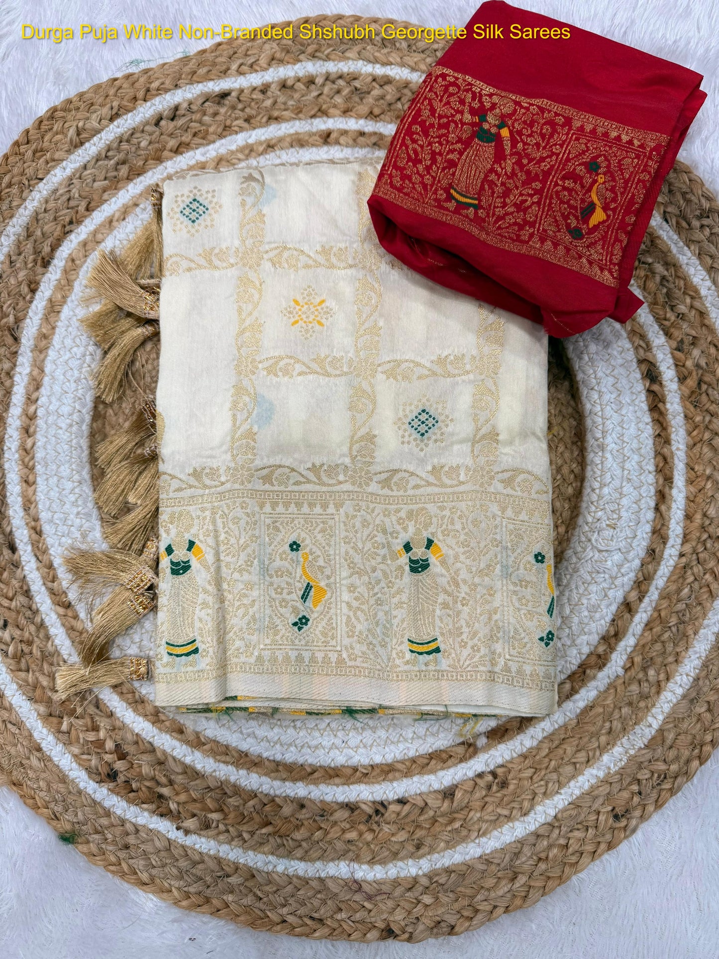 Durga Puja White Non-Branded Shshubh Georgette Silk Sarees