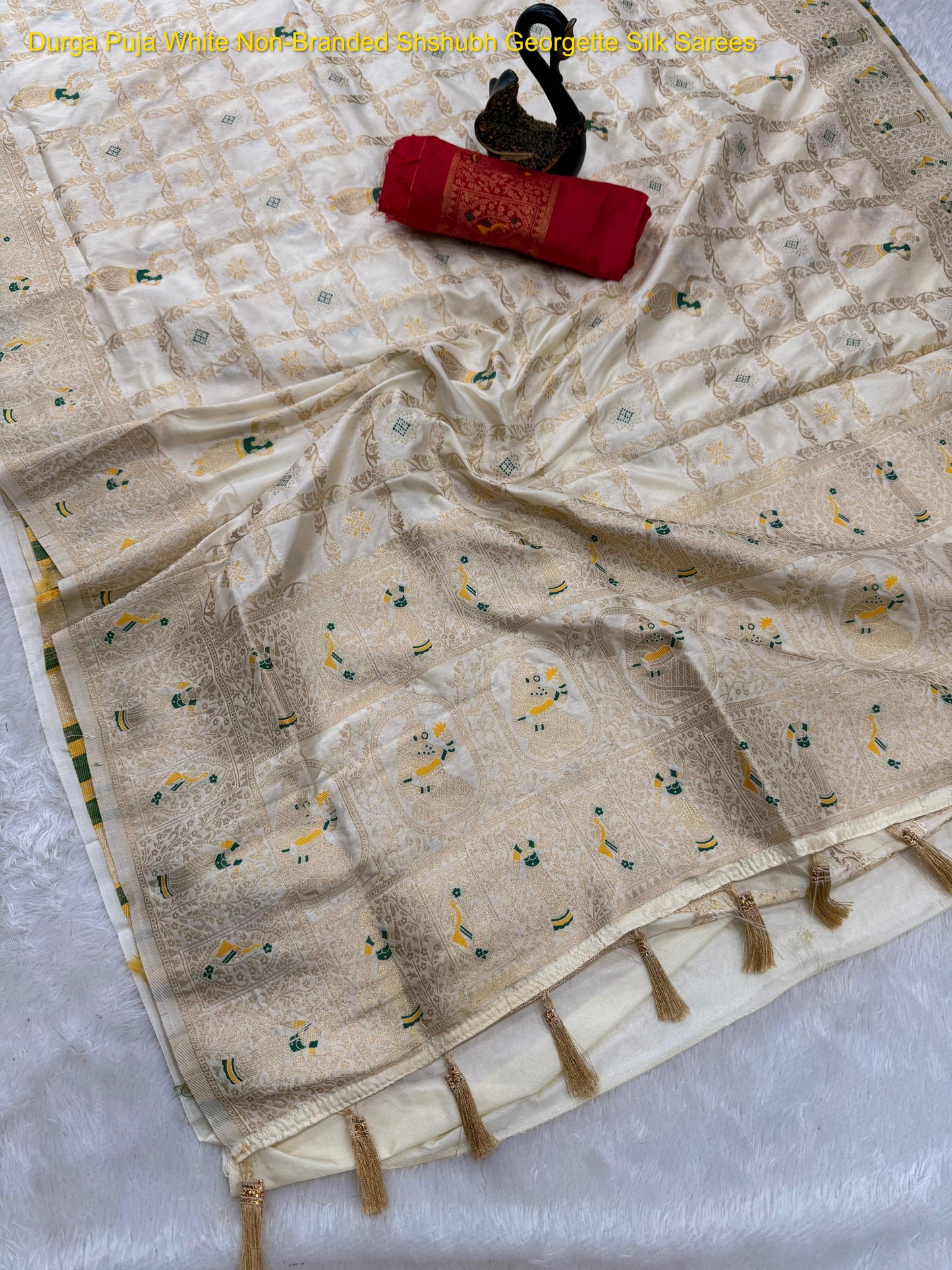 Durga Puja White Non-Branded Shshubh Georgette Silk Sarees