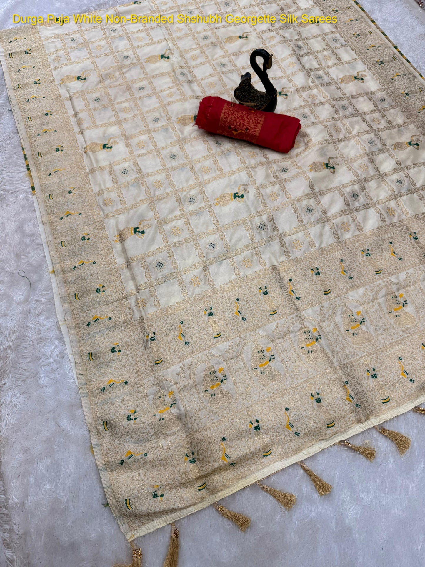 Durga Puja White Non-Branded Shshubh Georgette Silk Sarees