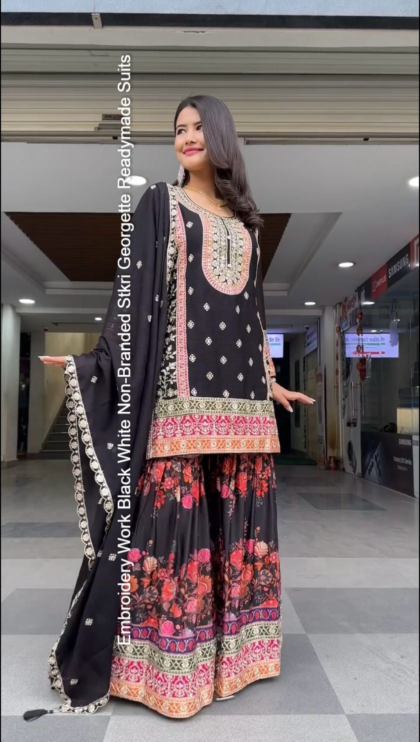 Embroidery Work Black White Non-Branded Stkri Georgette Readymade Suits