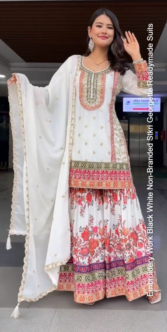 Embroidery Work Black White Non-Branded Stkri Georgette Readymade Suits