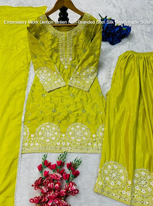Embroidery Work Lemon Green Non-Branded Stkri Silk Readymade Suits