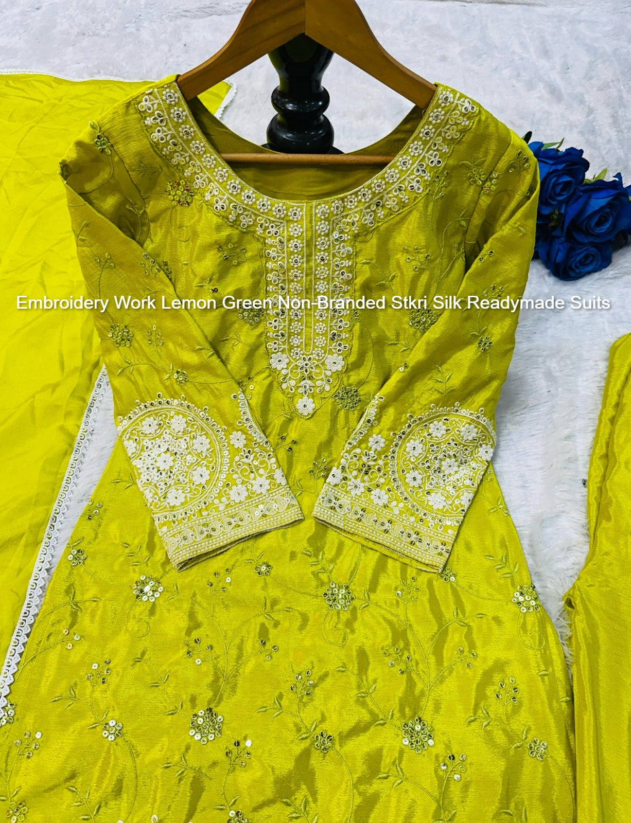 Embroidery Work Lemon Green Non-Branded Stkri Silk Readymade Suits