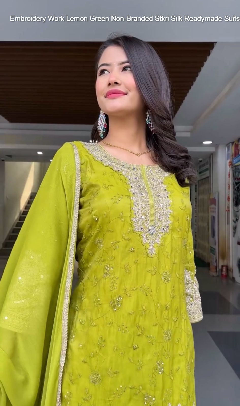 Embroidery Work Lemon Green Non-Branded Stkri Silk Readymade Suits
