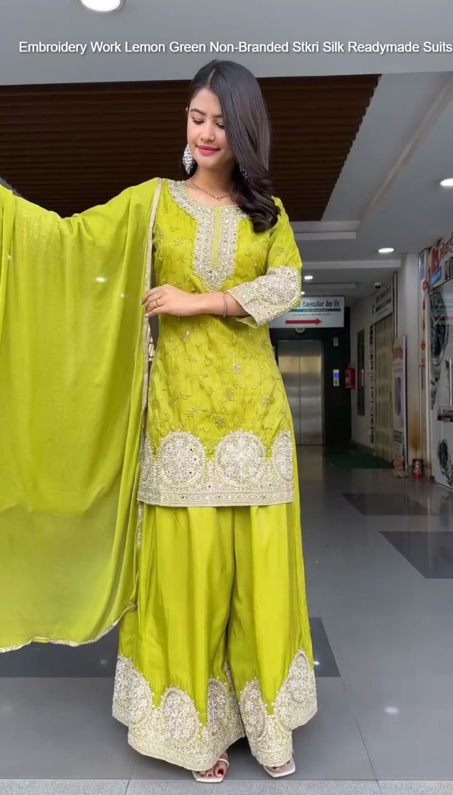 Embroidery Work Lemon Green Non-Branded Stkri Silk Readymade Suits