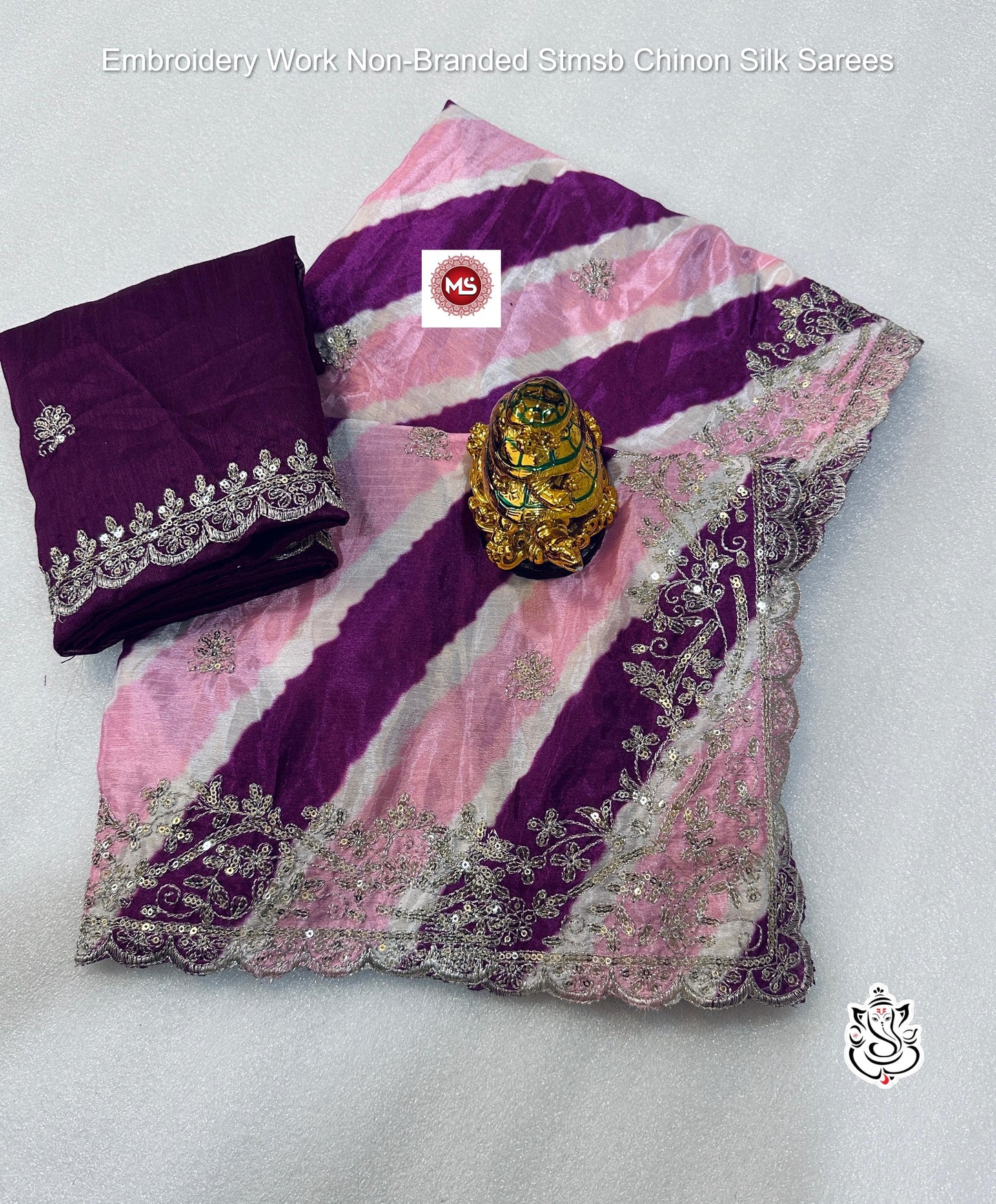 Embroidery Work Non-Branded Stmsb Chinon Silk Sarees