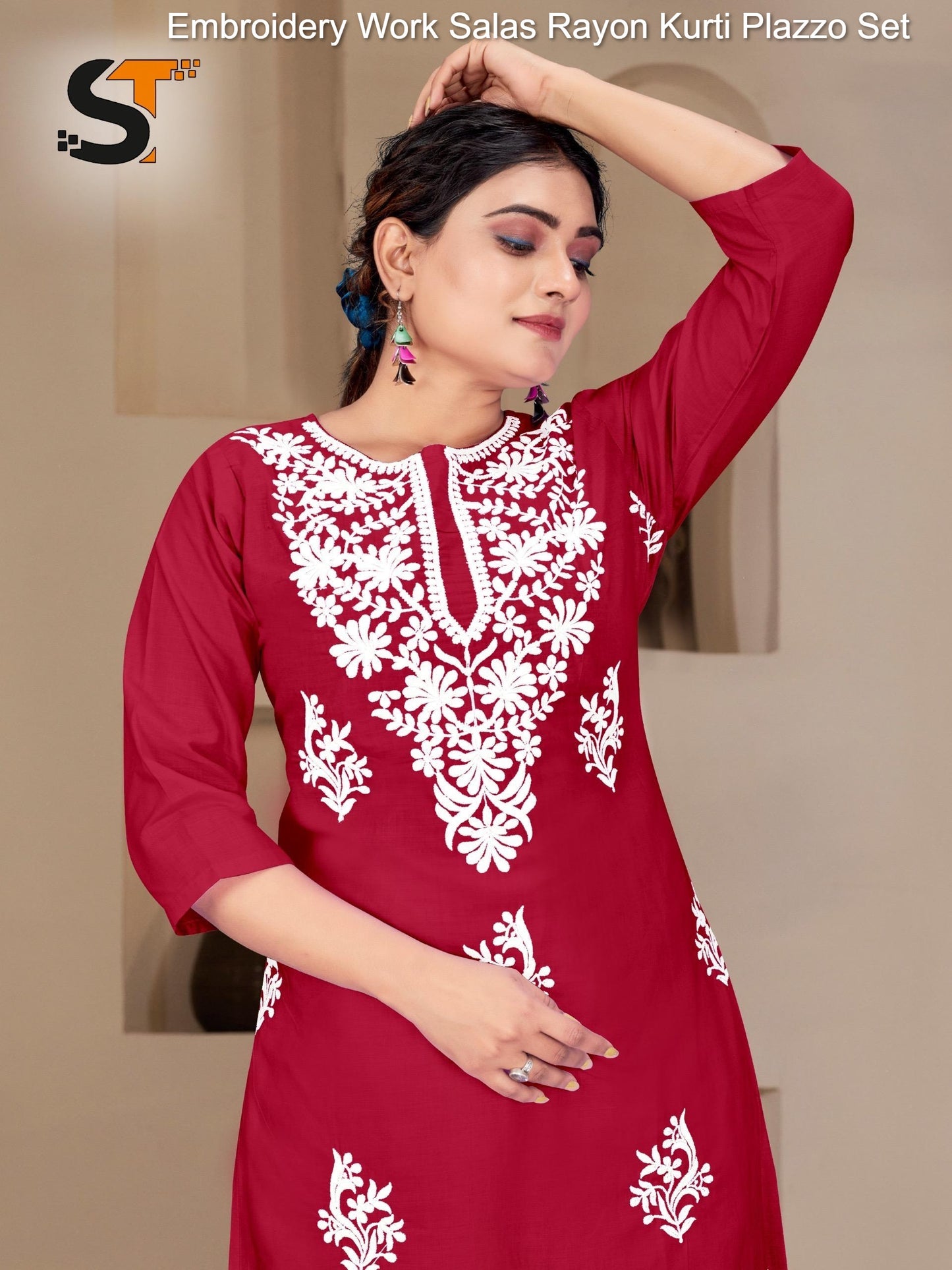 Embroidery Work Salas Rayon Kurti Plazzo Set