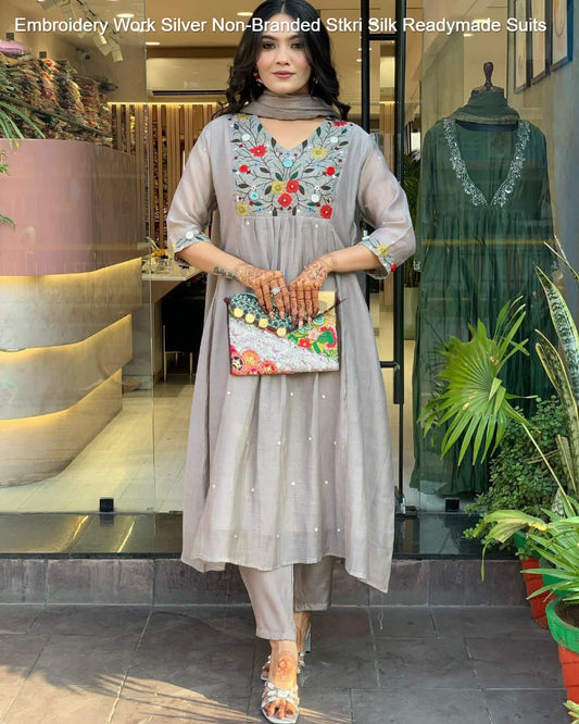 Embroidery Work Silver Non-Branded Stkri Silk Readymade Suits
