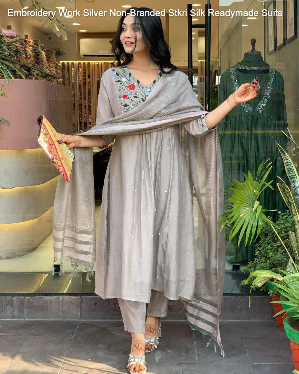 Embroidery Work Silver Non-Branded Stkri Silk Readymade Suits