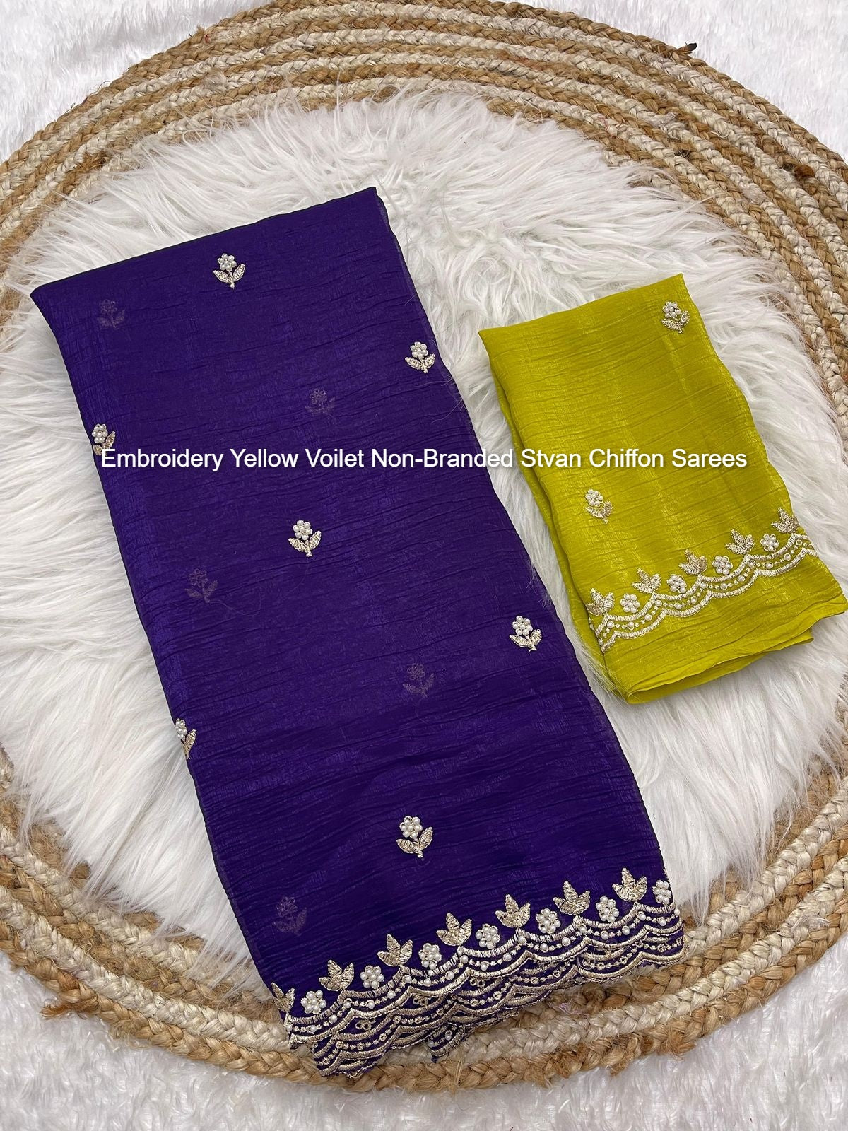 Embroidery Yellow Voilet Non-Branded Stvan Chiffon Sarees