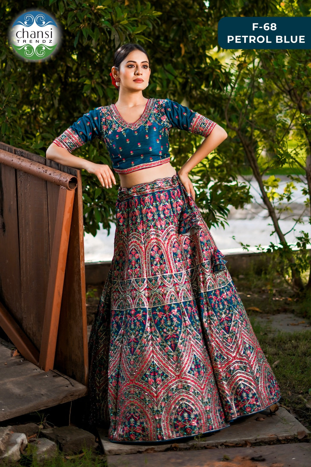 F-68 Petrol Blue Chansi Trendz Lino Silk Lehenga Choli