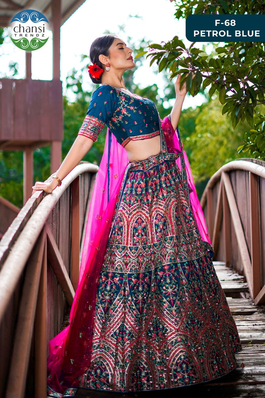 F-68 Petrol Blue Chansi Trendz Lino Silk Lehenga Choli