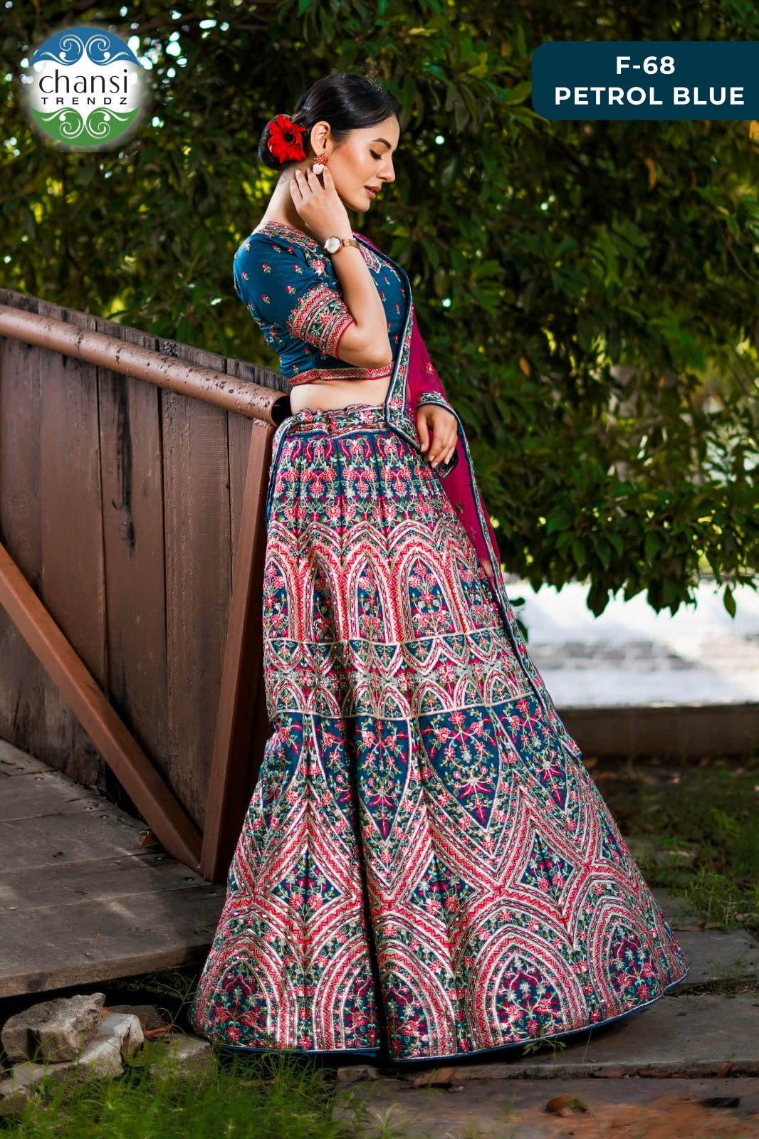 F-68 Petrol Blue Chansi Trendz Lino Silk Lehenga Choli