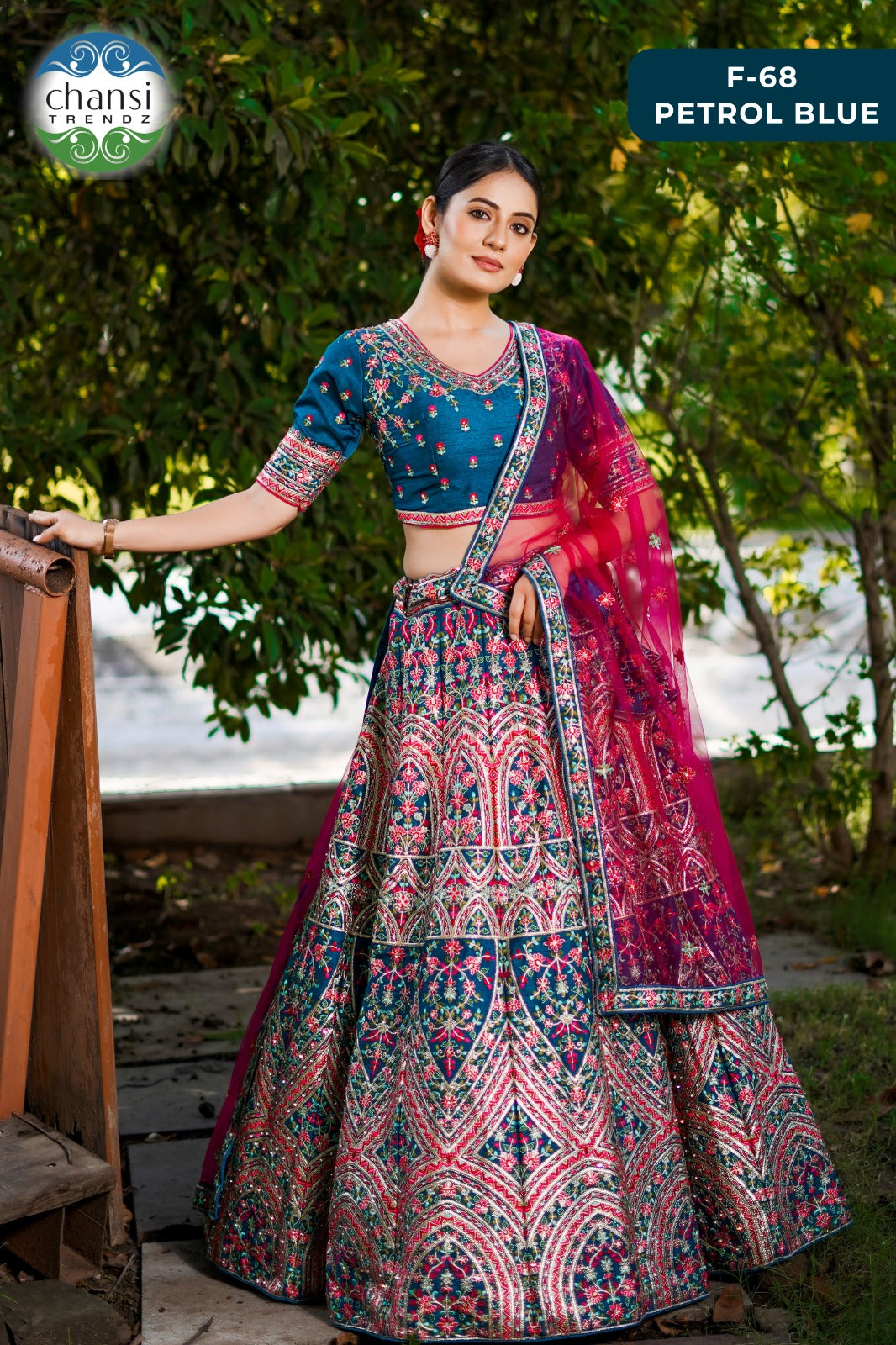 F-68 Petrol Blue Chansi Trendz Lino Silk Lehenga Choli
