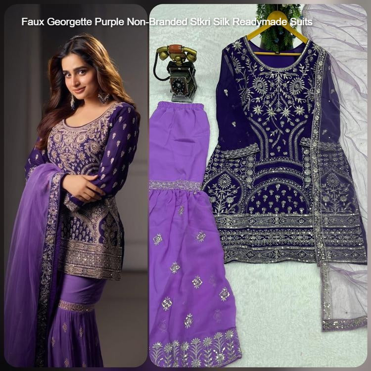 Faux Georgette Purple Non-Branded Stkri Silk Readymade Suits