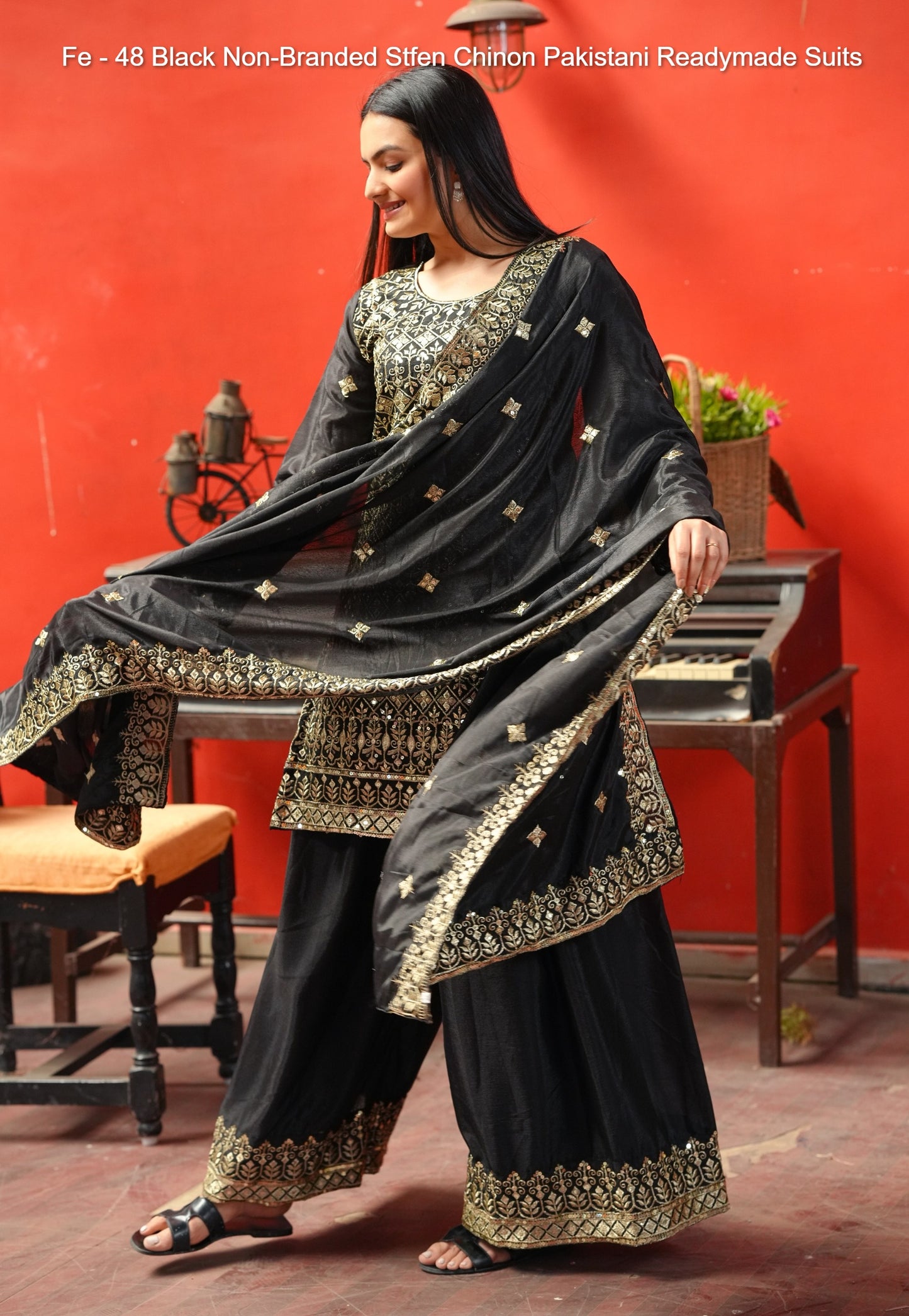 Fe - 48 Black Non-Branded Stfen Chinon Pakistani Readymade Suits