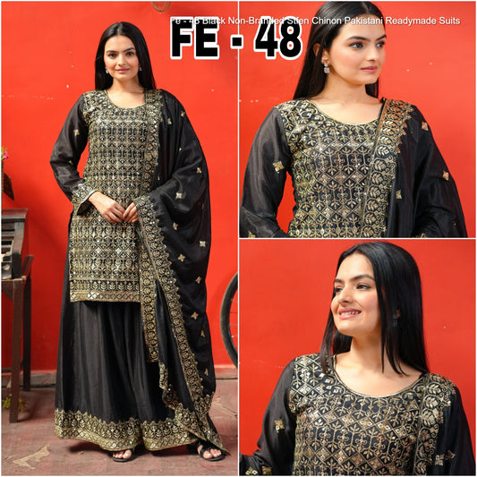 Fe - 48 Black Non-Branded Stfen Chinon Pakistani Readymade Suits