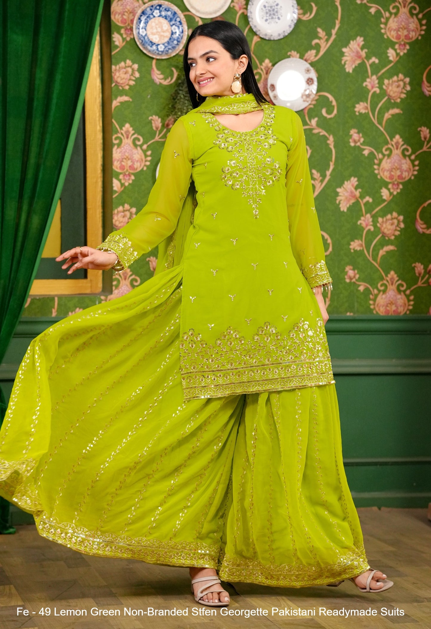 Fe - 49 Lemon Green Non-Branded Stfen Georgette Pakistani Readymade Suits