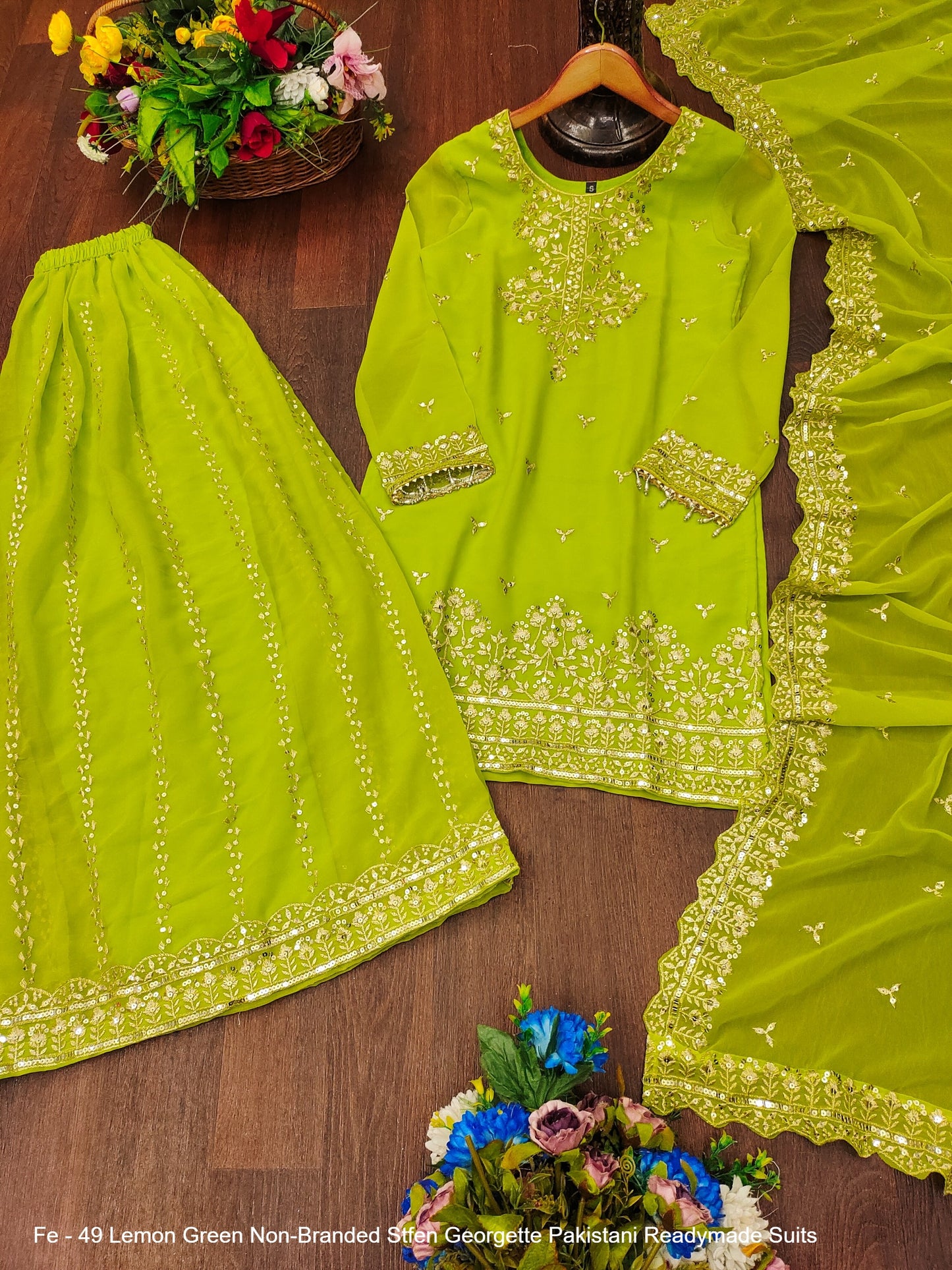 Fe - 49 Lemon Green Non-Branded Stfen Georgette Pakistani Readymade Suits