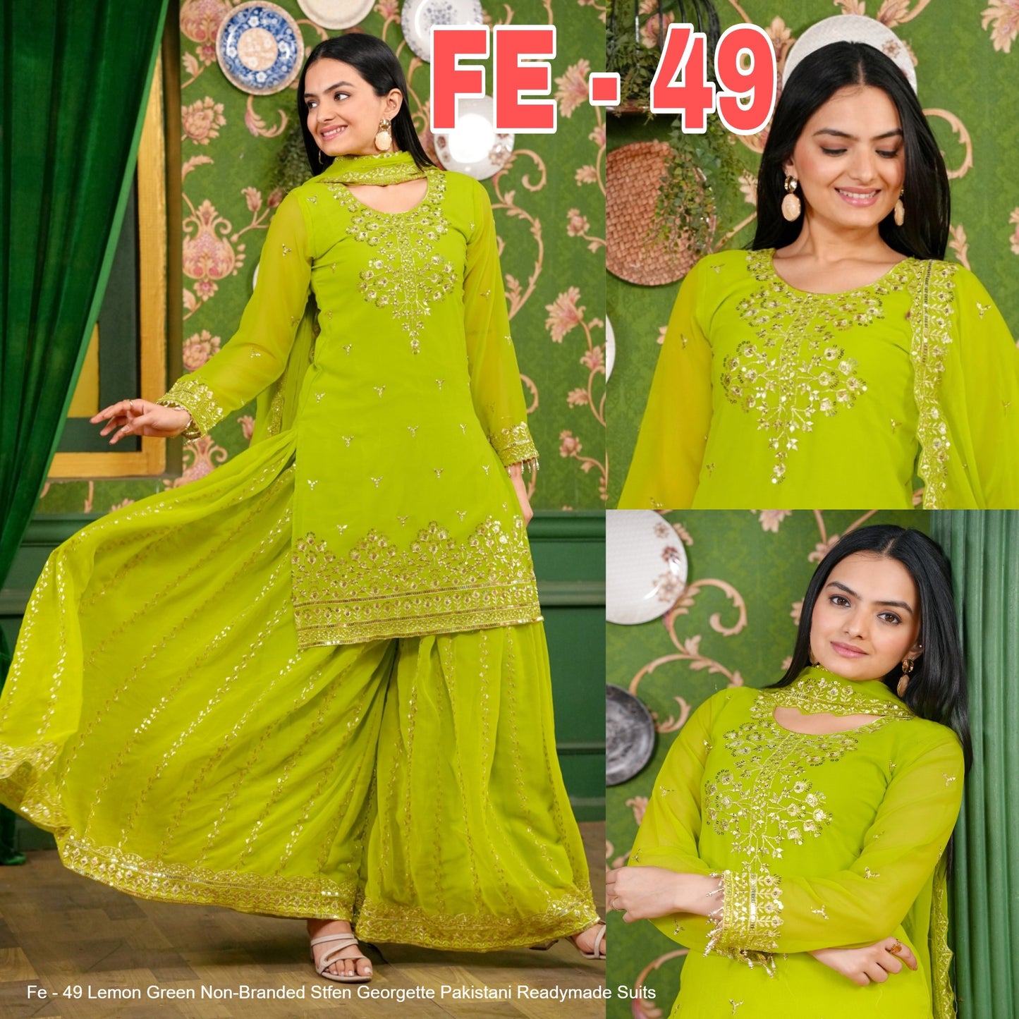 Fe - 49 Lemon Green Non-Branded Stfen Georgette Pakistani Readymade Suits