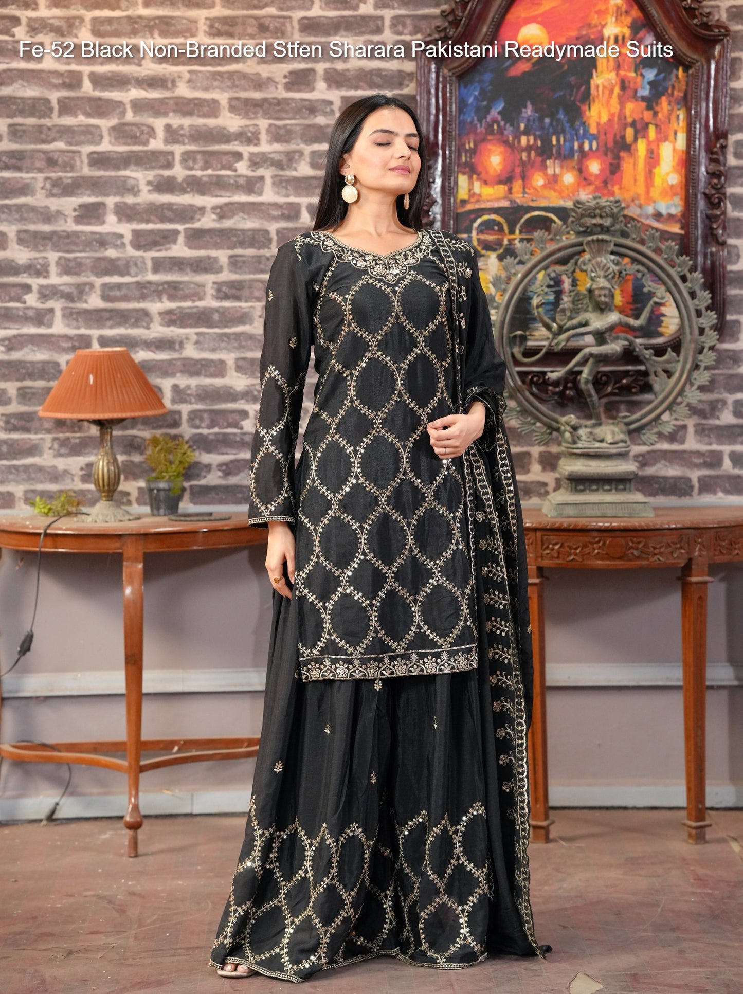 Fe-52 Black Non-Branded Stfen Sharara Pakistani Readymade Suits