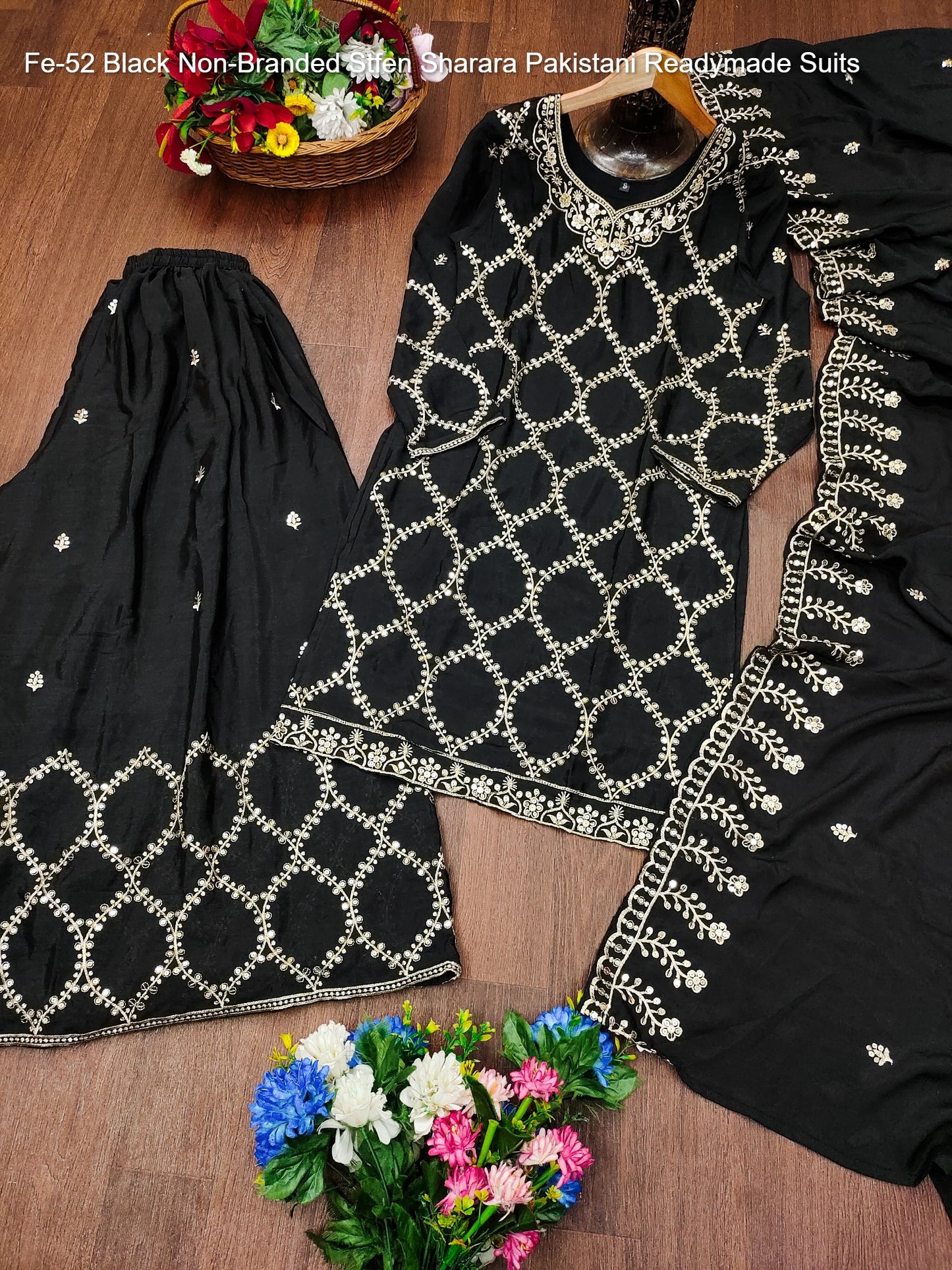 Fe-52 Black Non-Branded Stfen Sharara Pakistani Readymade Suits