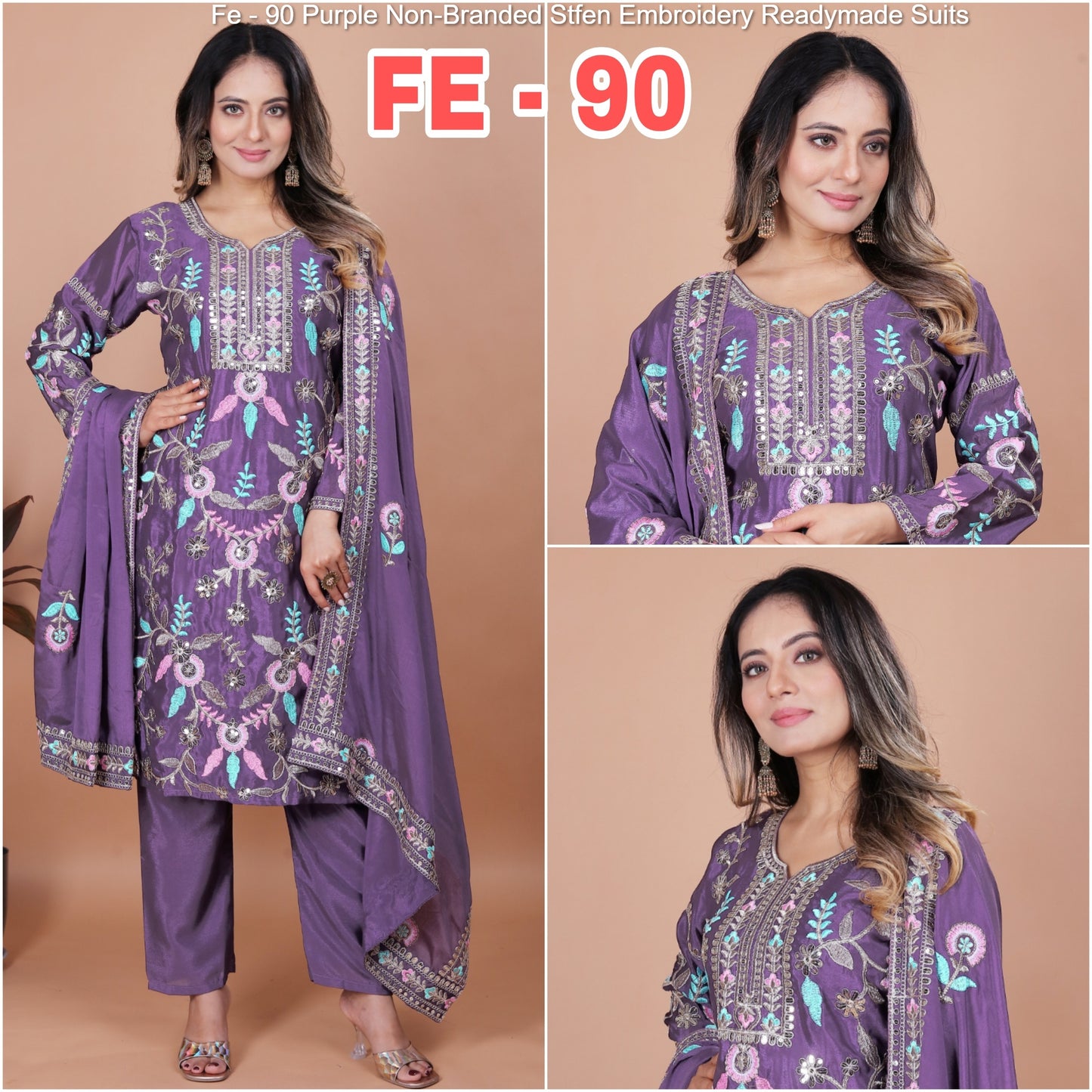 Fe - 90 Purple Non-Branded Stfen Embroidery Readymade Suits